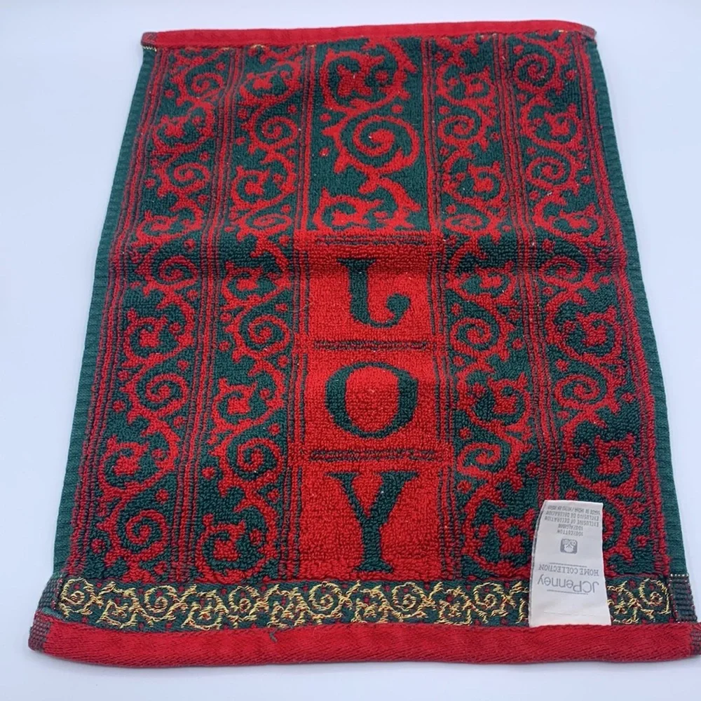 Vintage JCPenney Home Collection Cotton Red Green JOY Bath Towel & Hand Towel